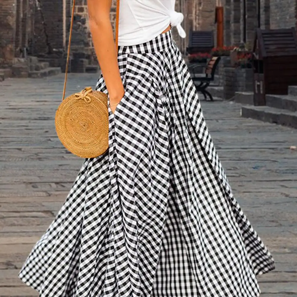 Women Skirt Plaid Summer Maxi Skirt Streetwear Vintage Literary Umbrella Skirt High Waist Slim A Word Plaid Long Skirt