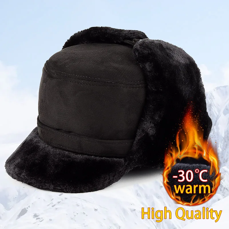 Winter Bomber Hats Men Ushanka Russian Outdoor Warm Fleece Faux Fur Earflap Hat Dad Ski Snow Trapper Cap