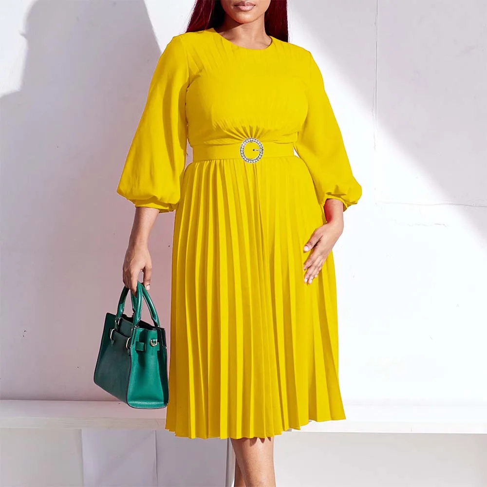 

Elegant Pleated Dresses for Women Round Neck Full Sleeve Belt Waisted Mid Calf Professional Business Work Wear Vestidos Mujer OL