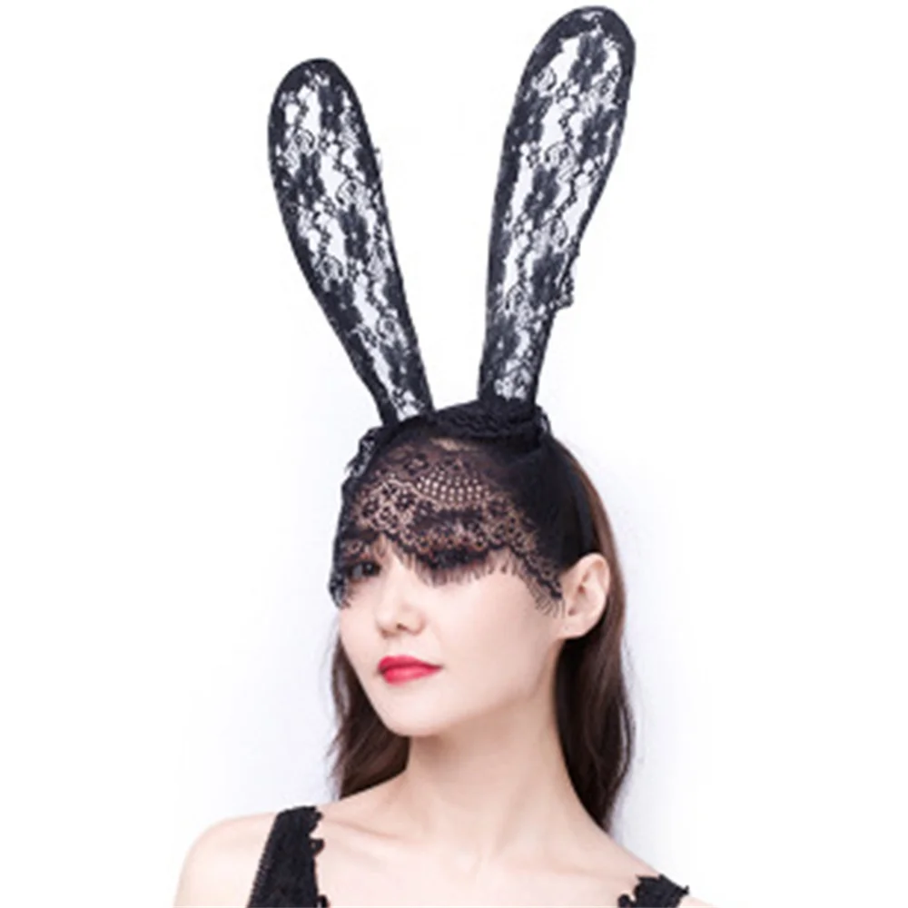 Women's Lace Rabbit Ears Hair Hoop Lace Eye Mystery Mask Nightclubs Masquerade Party Headwear 1pcs