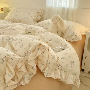 Doux petit ensemble de quatre pièces floral lenzu de lit en coton tricoté aérobique dentelle double couche fil housse de couette drap de lit en coton lavé 1