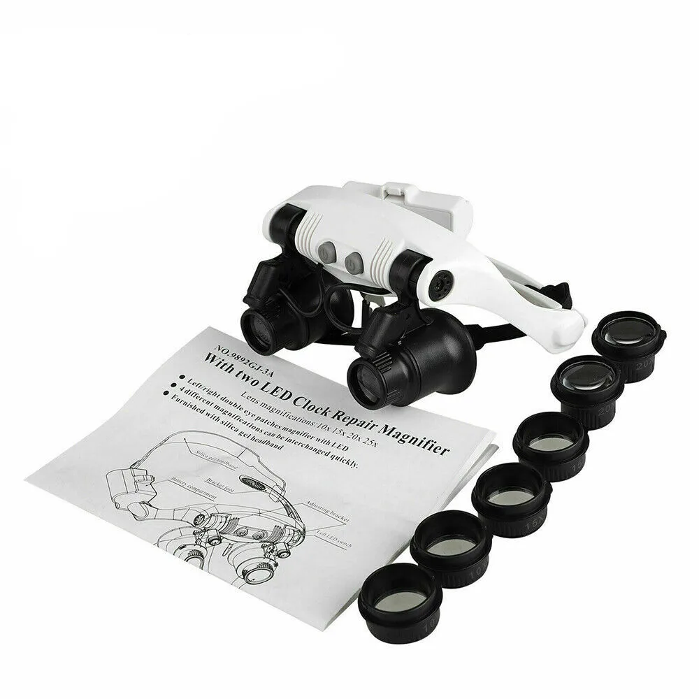 LED Magnifier 10X 15X 20X 25X Double Eye Jewelery Watch Repair Tools LED Lanp Loupes Watchmaker Strap Microscope Glasses