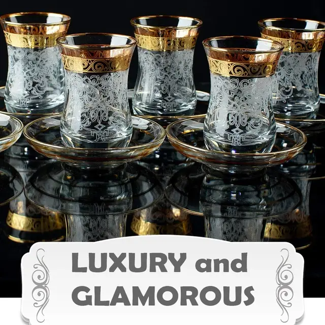 Vintage Turkish Tea Glasses Set of 6 – Gold Moroccan Style Cups & Saucers