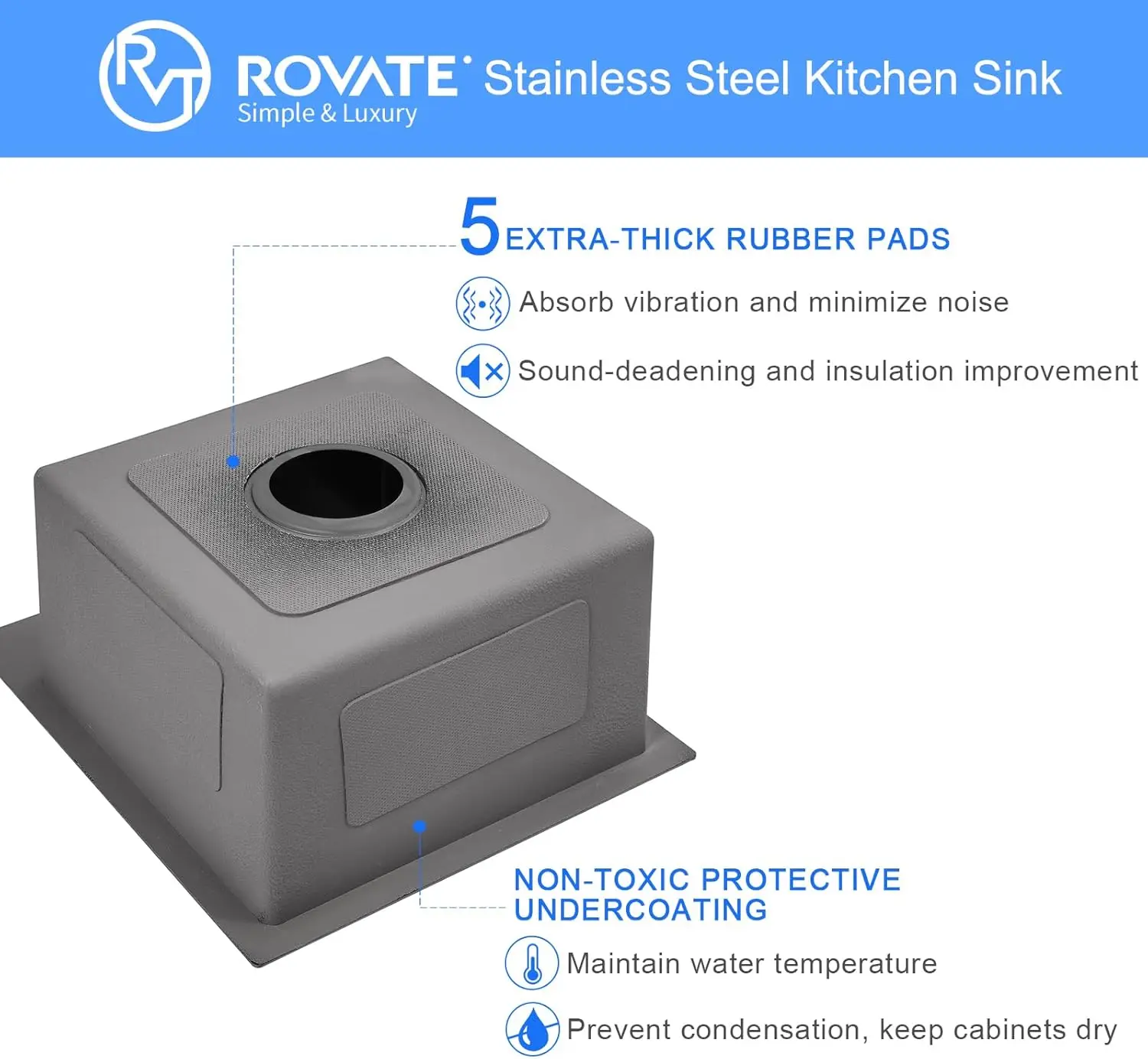 ROVATE 18x18 inch Drop in Kitchen Sink Black Nano Kitchen Bar Sink Top-mount Small Overmount Handmade 304 Stainless Steel Bar 3