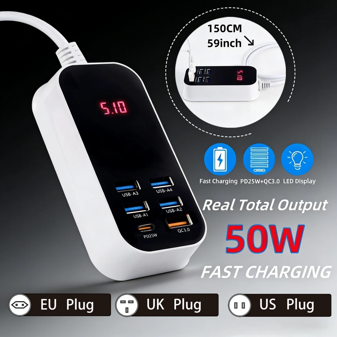 รูปสินค้า อะแดปเตอร์ชาร์จเร็ว 6 พอร์ต USB-C PD 50W พร้อมไฟ LED