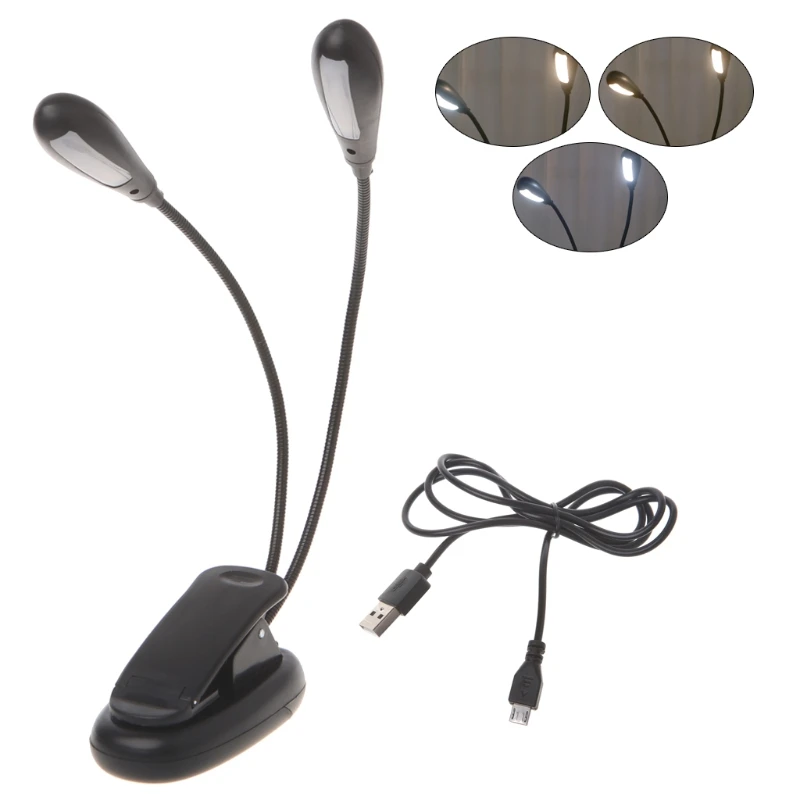 2 Dual Flexible Arms 4 LED Clip-on Light Lamp For Piano Music Stand Book