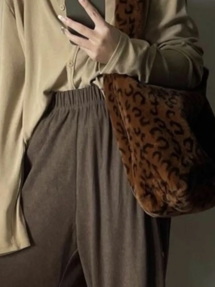 JIAERDI Leopard Print Tote Bag Women Large Capacity Plush Soft Casual Shoulder Bags Purse Female Vintage Coffee Handbag Bolsos