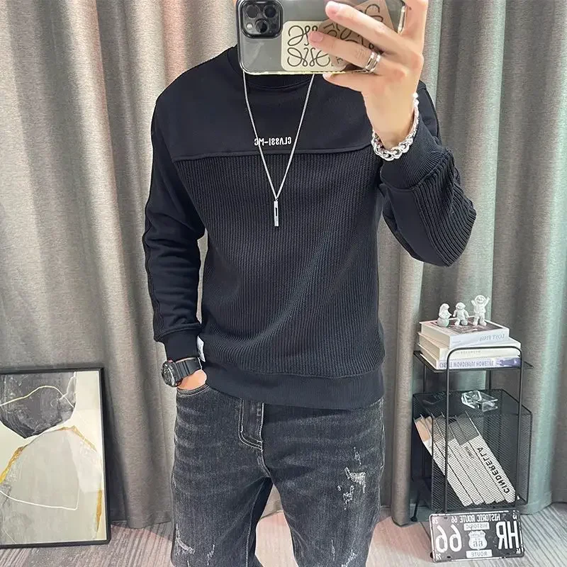Tops for Men Round Neck Tee Full Sleeve Clothes High Brand Winter Male T Shirts Elasticity Bulk Sweatshirts Polyester F Pullover