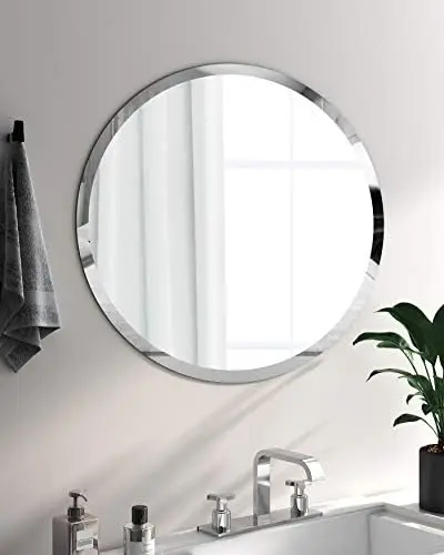 

Beveled Polished Frameless Mirror for Bathroom, Vanity, Bedroom (24" Round) Non reversible mirror Non reversing mirror Shower m