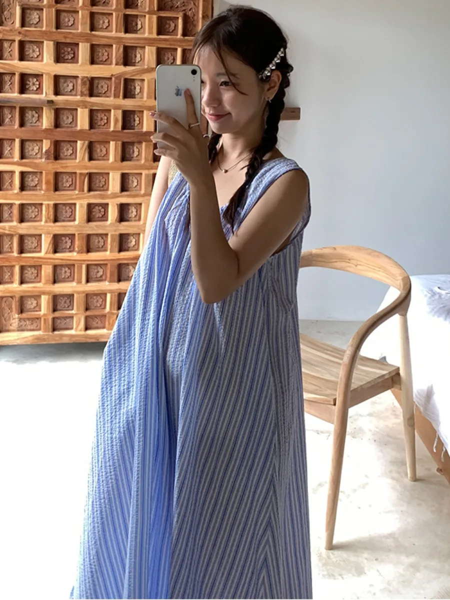 2024 여성을위한 새로운 여름 느슨한 맞는 스트라이프 탱크 드레스 해변 휴가 요정 허리 장착 a 라인 스커트 멜빵 