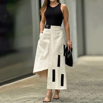 Casual fashion solid color round neck pullover vest irregular patch A-line long skirt set 1