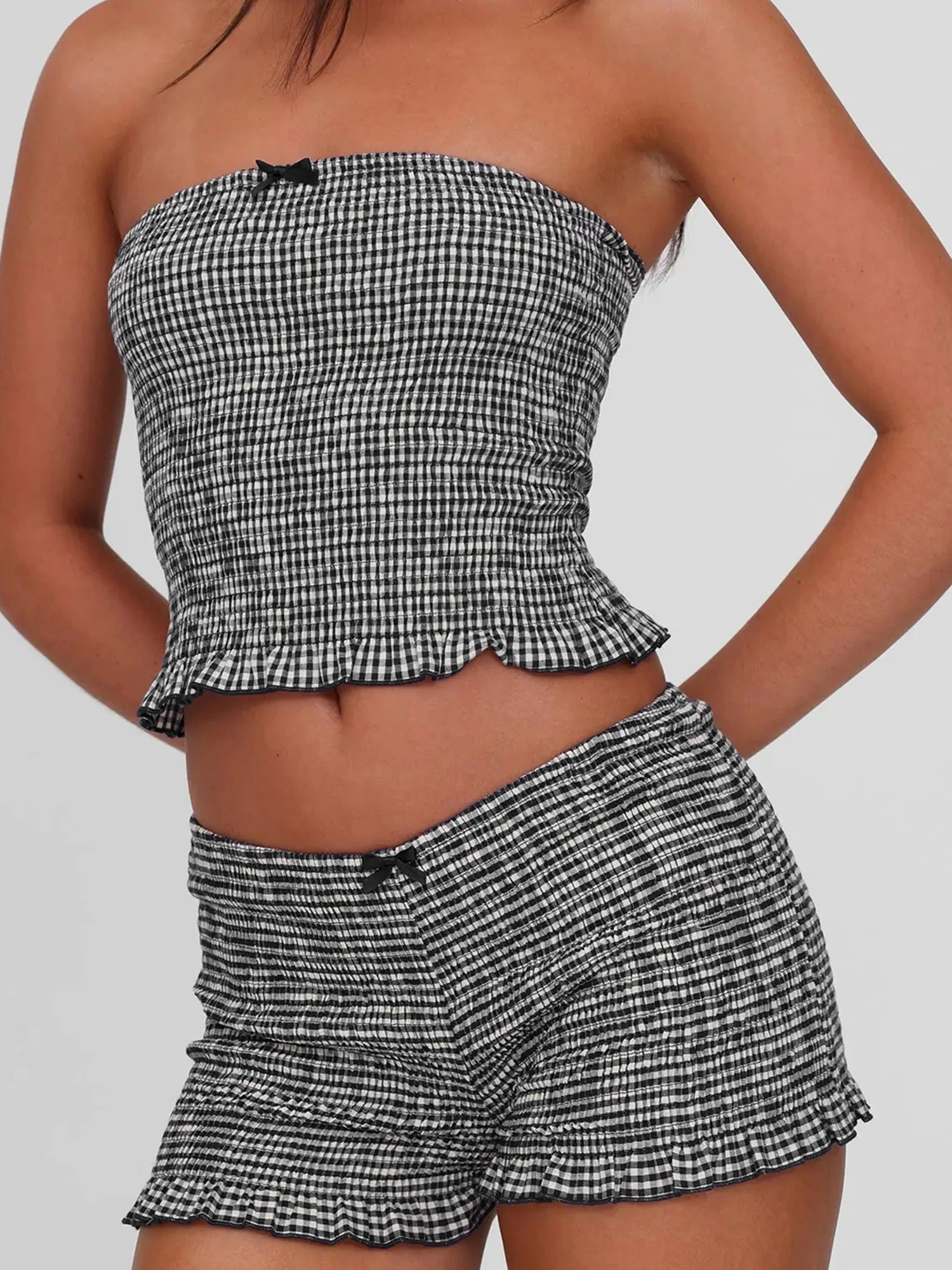 Striped Ruffled Pajama Sets for Women Lightweight Off Shoulder Short Sleeve Top and Capri Pants Cozy Loungewear Set