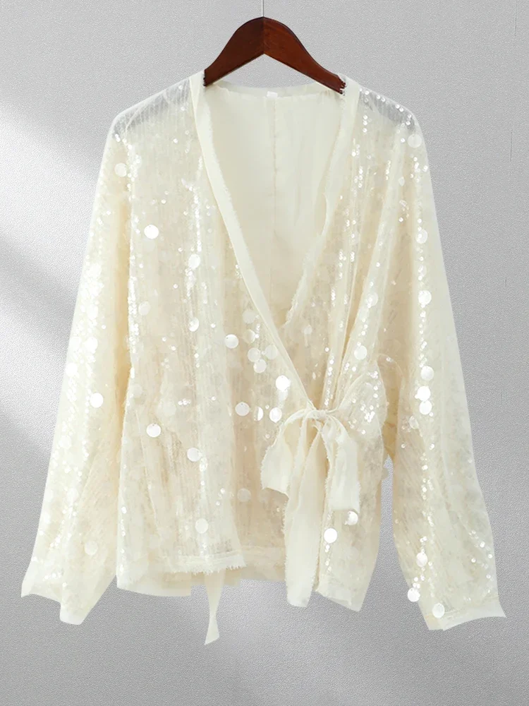 2025 New Women's Sequins Kimono Style Jacket Fashion V Neck Long Sleeve Lace Up Casual Coats Autumn Female High Street Outerwear 4