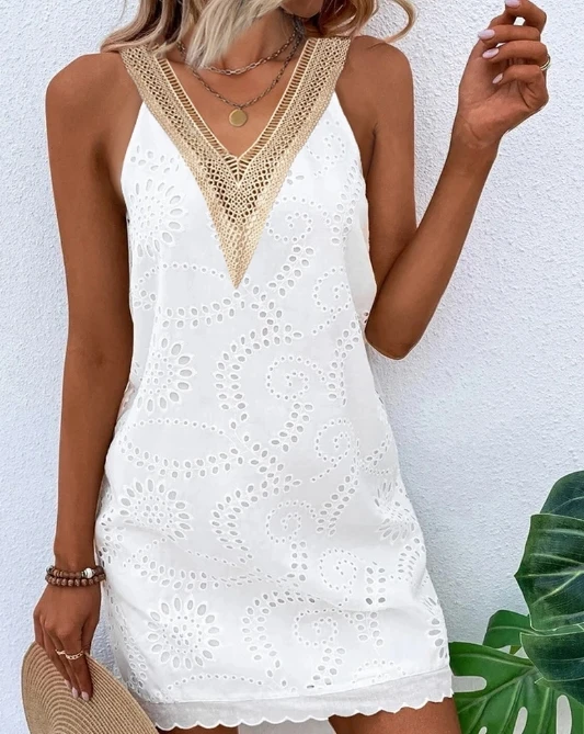 Sexy lace patchwork V-neck slim fit dress sleeveless vest skirt midi skirt