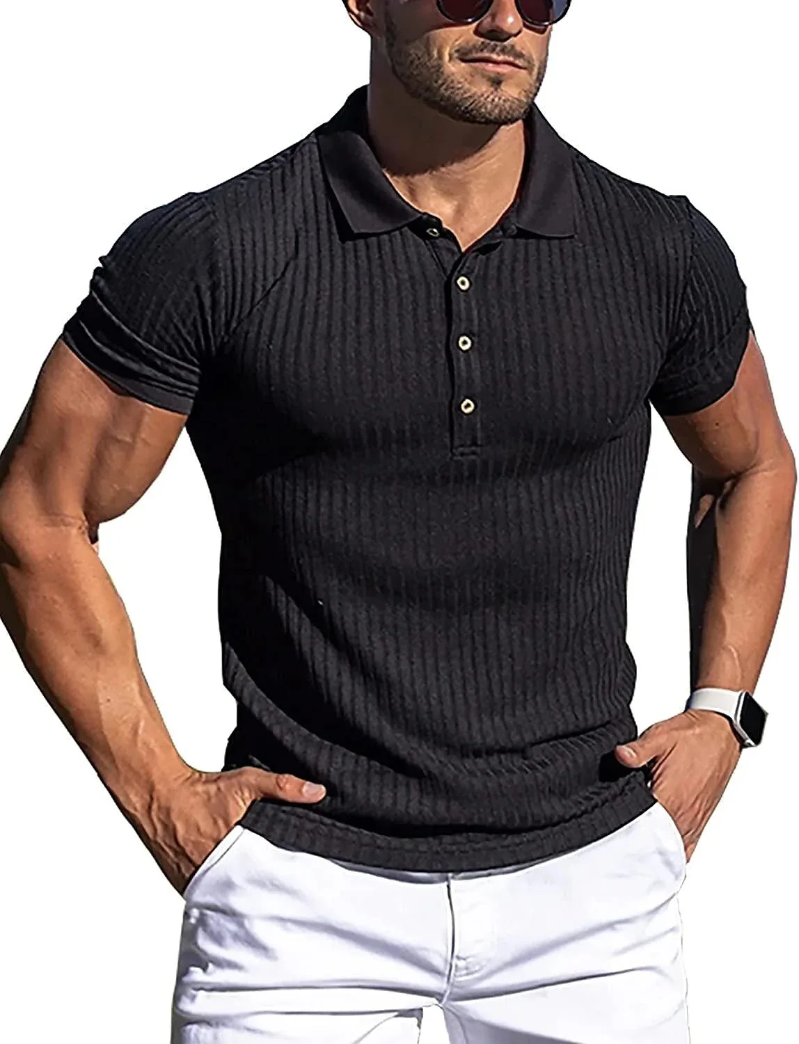 Description Picture 3 of item2023 Men's running sports fitness summer high elasticity vertical long sleeve POLO shirt slim short sleeve polo shirt