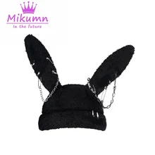  Gothic Grunge Rabbit Ear Hat Harajuku Y2k Punk Chain Pin Metal Ring Lambswool Black Hat Women Girls Winter Warm Chic Streetwear 
