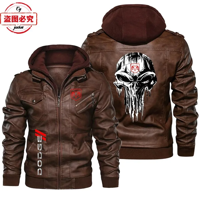 Dodge car logo leather jacket retro washed pu leather jacket windproof men's hooded jacket dodge racing suit team suit 2