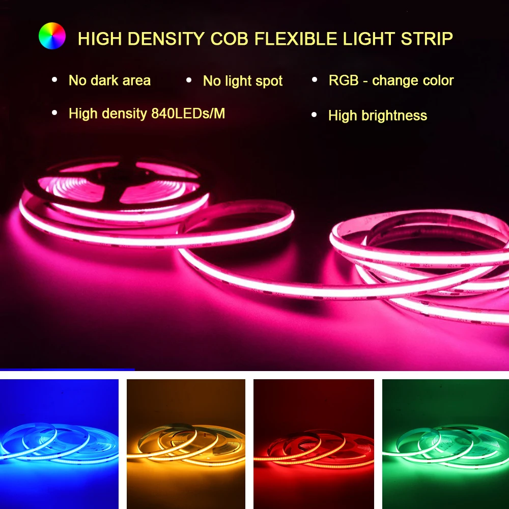 

12V RGB COB LED Strip Light Bluetooth-compatible 44key 24key Remote Control Power Kit 840LED/m High Density Flex Led Tape Decor