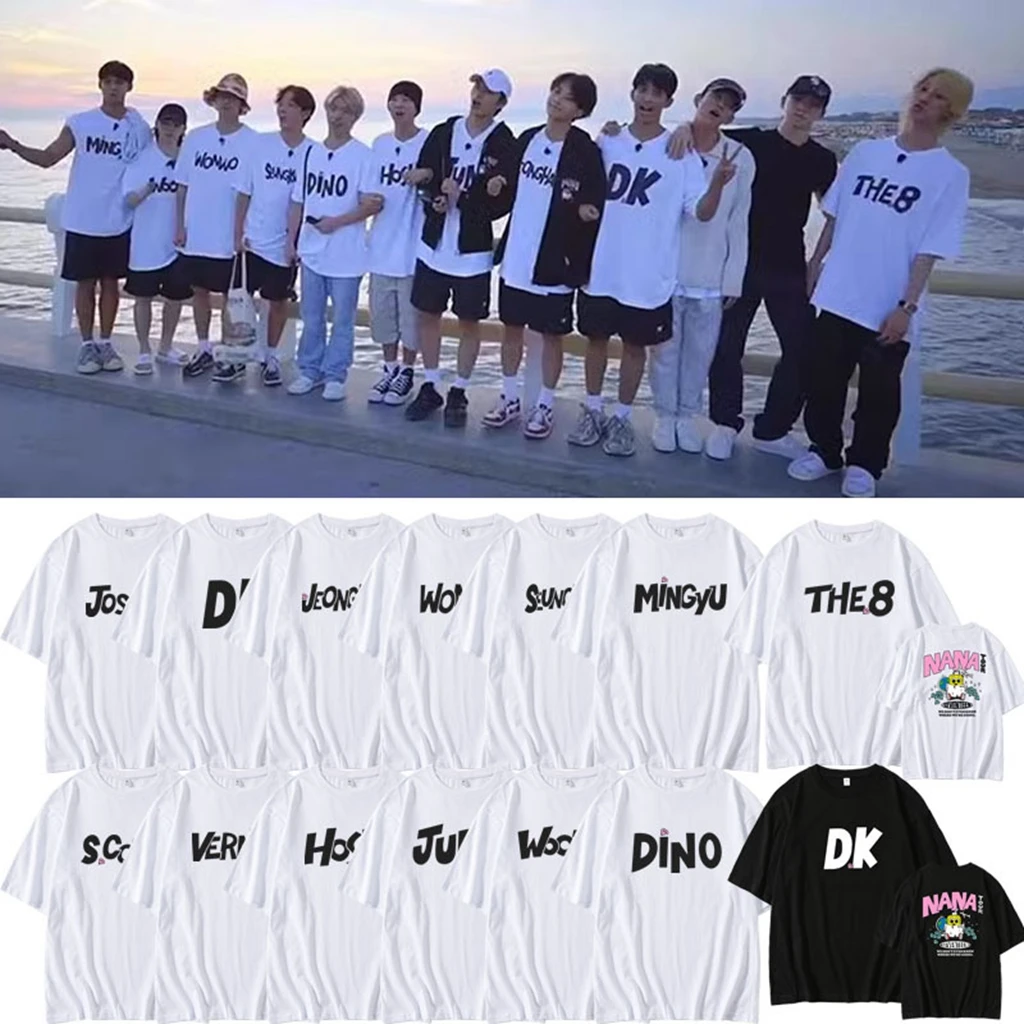 

Nanatour Pop Group Same T-shirt Peripheral S.coups Jeonghan The8 Letter Printed Cotton Top Summer Women's Casual Short Sleeve