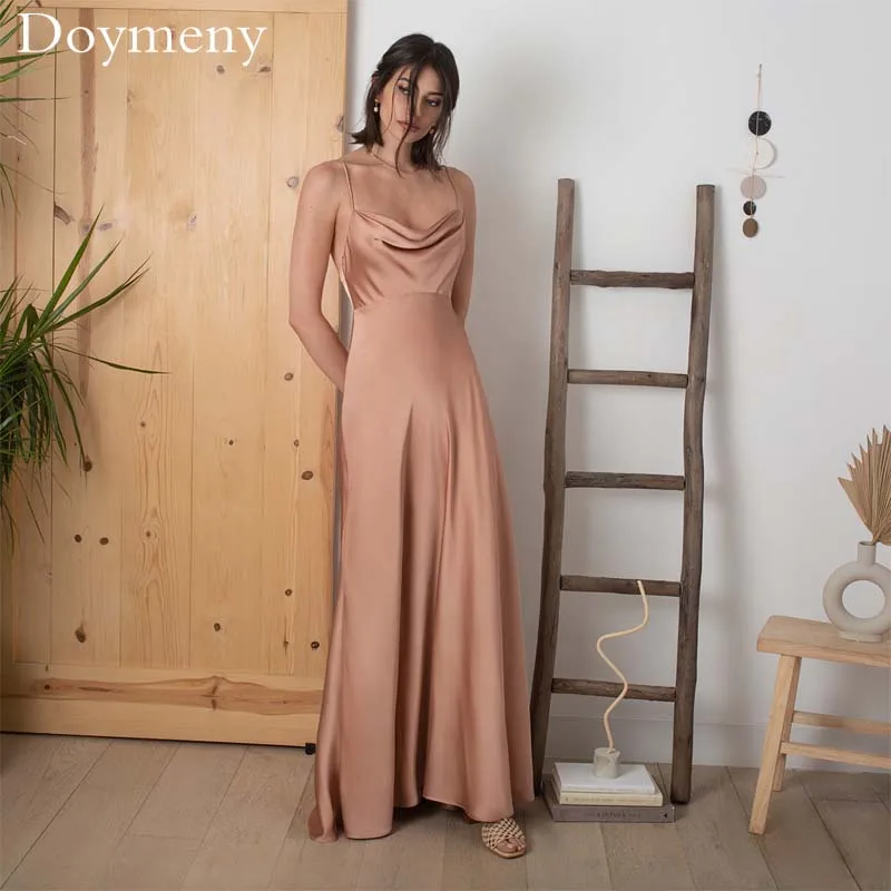 

Doymeny 2023 Elegant A Line Evening Dress V-Neck Backless Spaghetti Strap Sweep Train Vestidos Elegantes