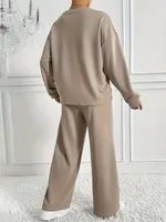 طقم مكون من قطعتين للنساء، سويت شيرت كاجوال برقبة دائرية وأكمام طويلة، بنطال واسع الساق يناسب الخريف والشتاء، أزياء السيدات للمكتب 6