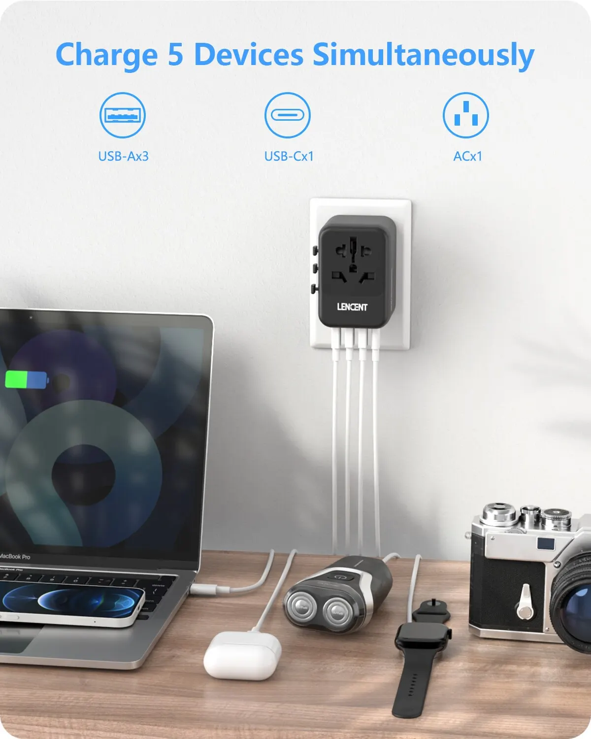 Universal Travel Adapter with Multiple USB and Type-C Charging Ports