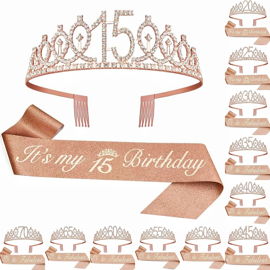 Geburtstags-Tiara-Kronenschärpe für Damen und Mädchen, 15., 20., 25., 30., 35., 40., 45., 50., 55., 60., 65. 70. Partydekoration, Gastgeschenke