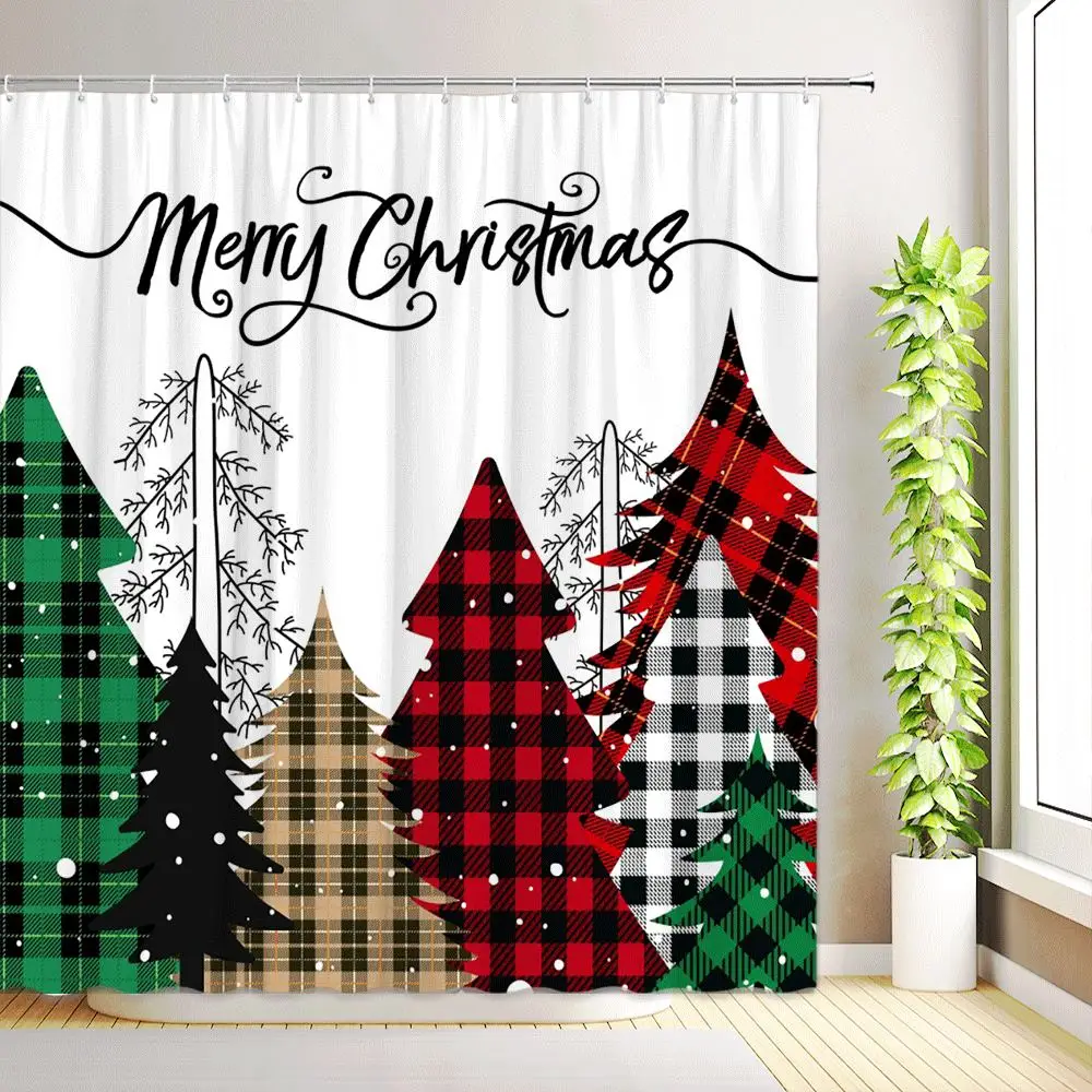 ABAKUHAUS Natale Tenda da Doccia, Winter Night Casa, Tessuto Set di Decorazioni per il Bagno con Ganci, 175 x 200 cm, Blu Navy Giallo