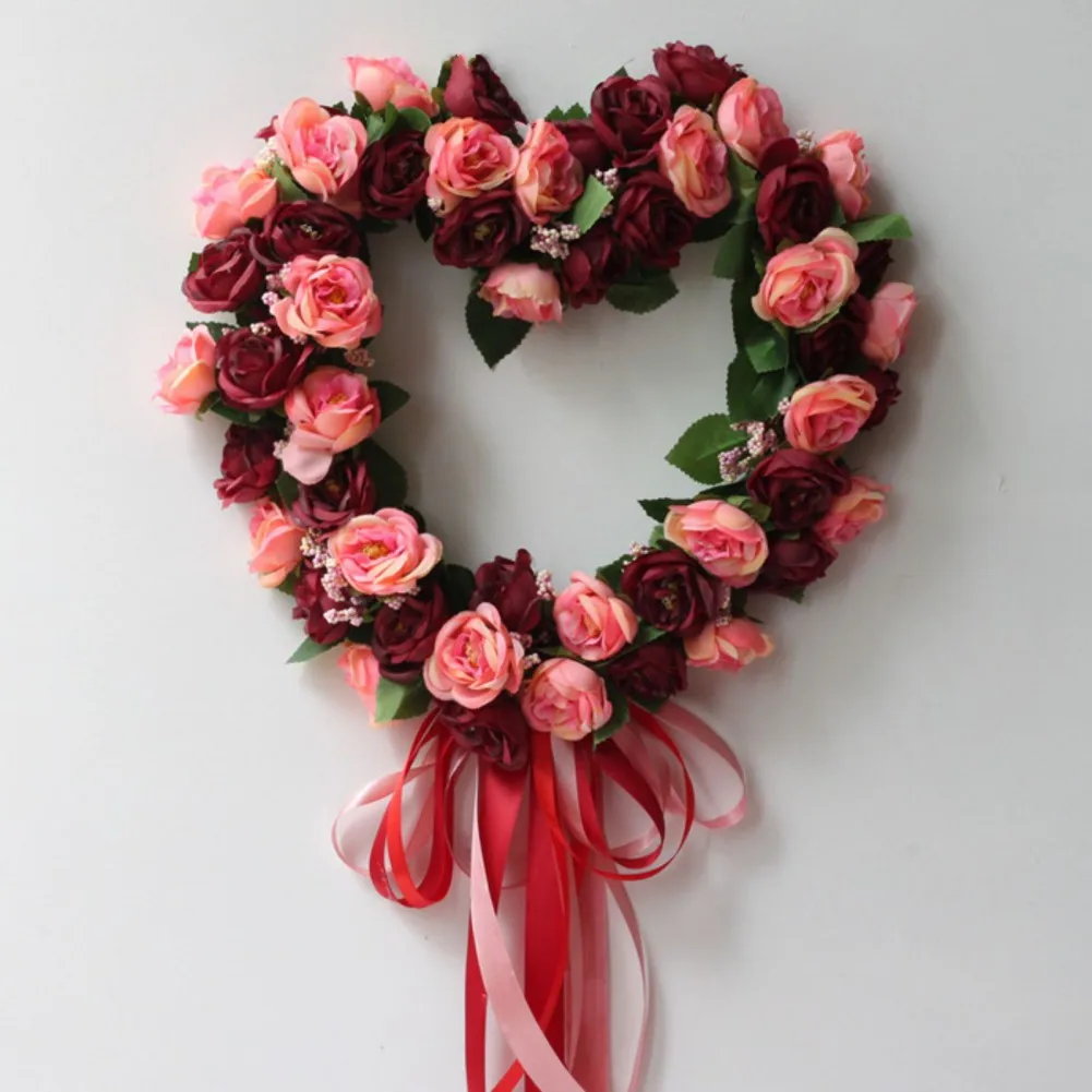 Heart Shaped Wreath Floral Rose Artificial Garland Door Wreath for Home  Wedding Valentine's Day Decoration, Red Pink, 14 inches