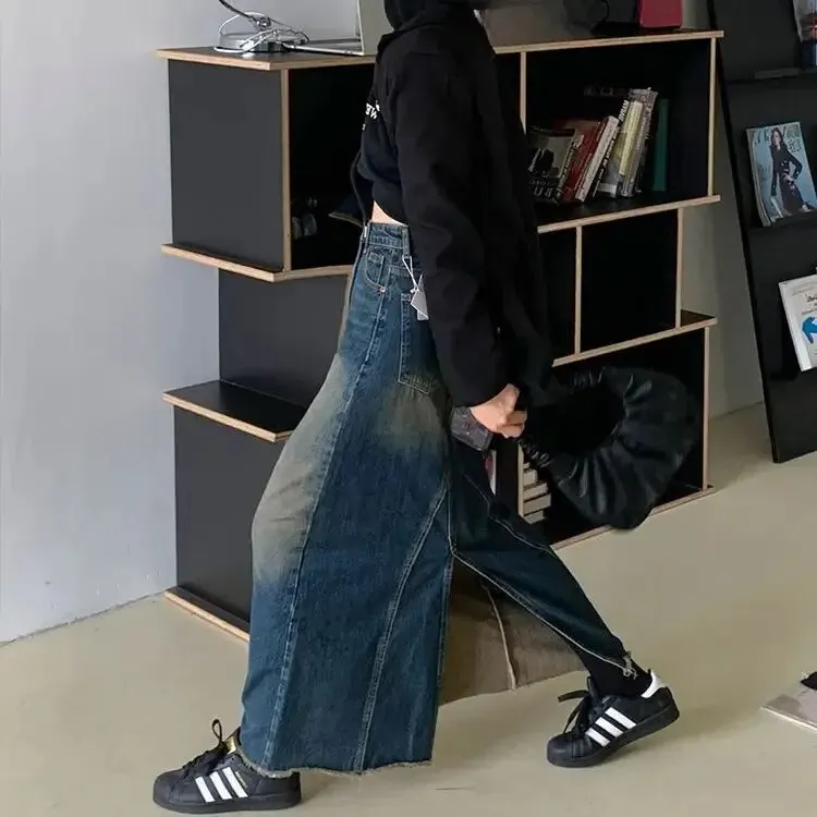 아메리칸 레트로 블루 하이 웨이스트 슬림 오프닝 A 스커트, 13 열 청바지 하프 스커트, 코튼 스트리트 스타일 여성복, 가을
