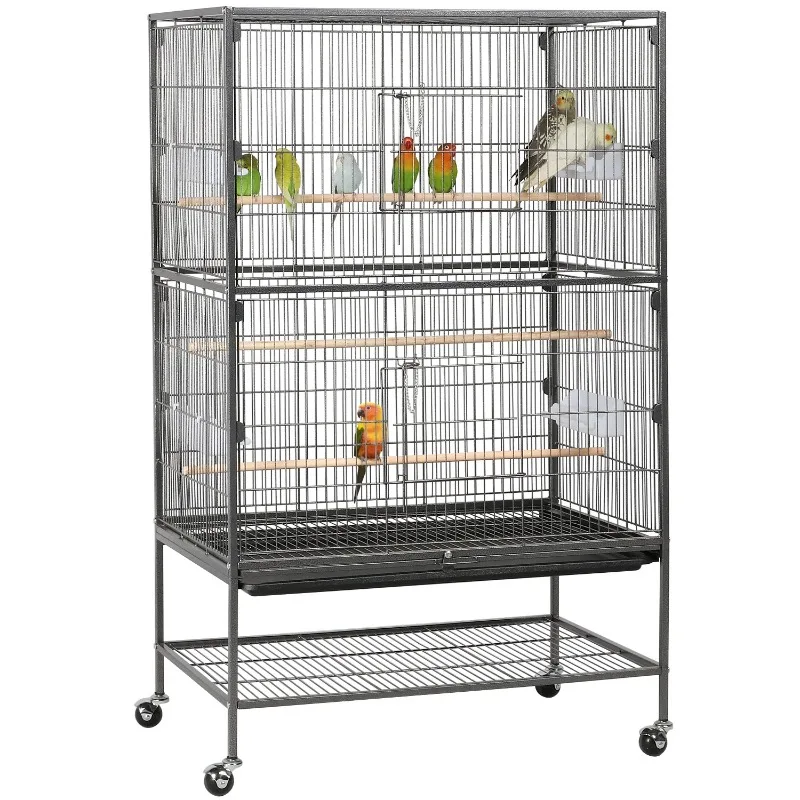 Metal 52" Large Rolling Bird Cage with 3 Perches and 4 Feeders, 2