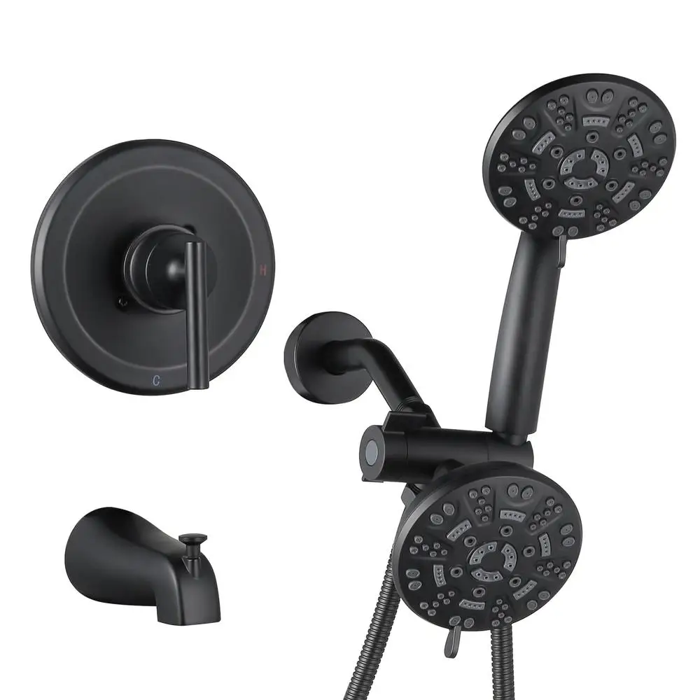 Black Shower Tub Faucet Set 7 Modes Handheld Shower Kit Dual System Luxury Rain Spa Massage Head Brass Valve 3-Way Diverter 2