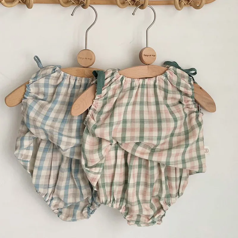 

Infant Baby Girls Clothes Suit Sleeveless Cotton Plaid T-shirt+PP Shorts Newborn Baby Girls Clothing Set For Summer