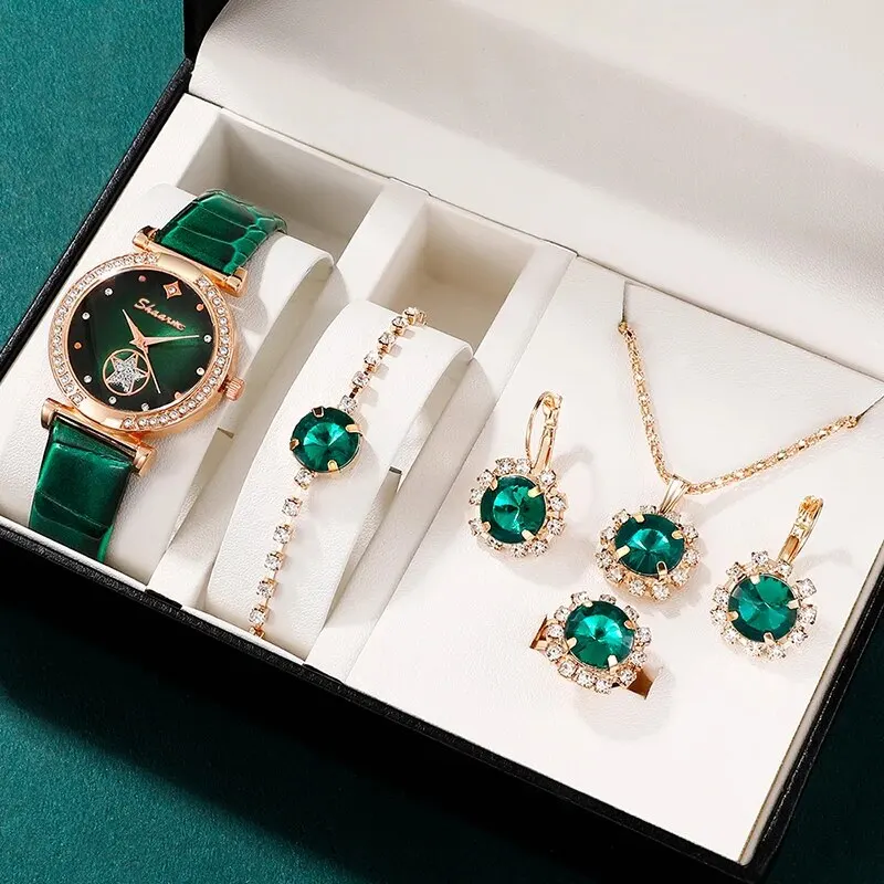 6PCS Set Women Watches Green Luxury Quartz Ring Necklace Earring Rhinestone Fashion Casual Ladies Bracelet