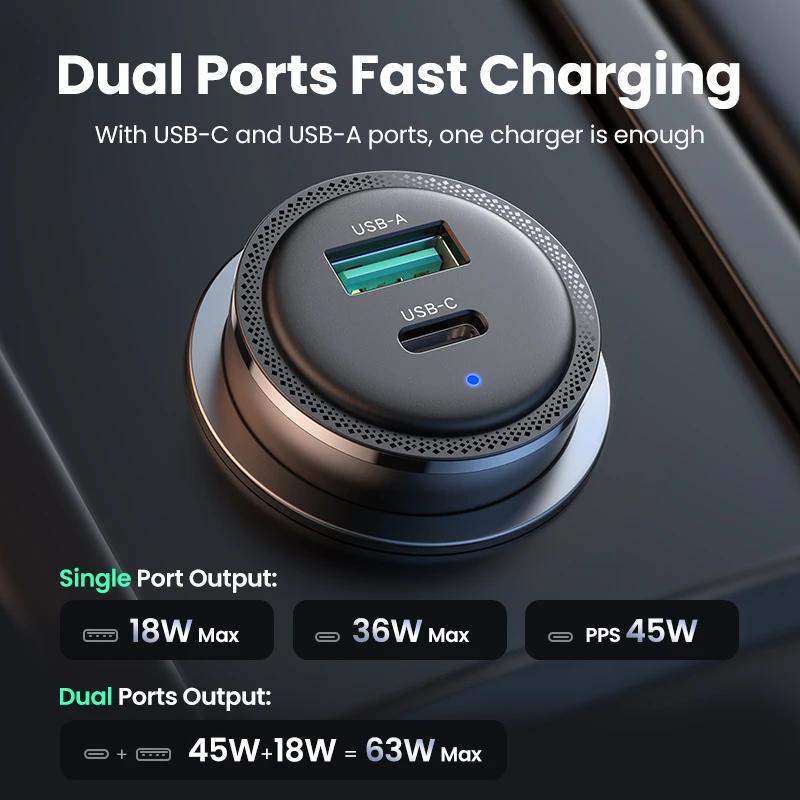 Phone Charger 63W Car Charger PD QC 3.0 PPS 45W USB Type C For iPhone 17 16 Samsung Xiaomi