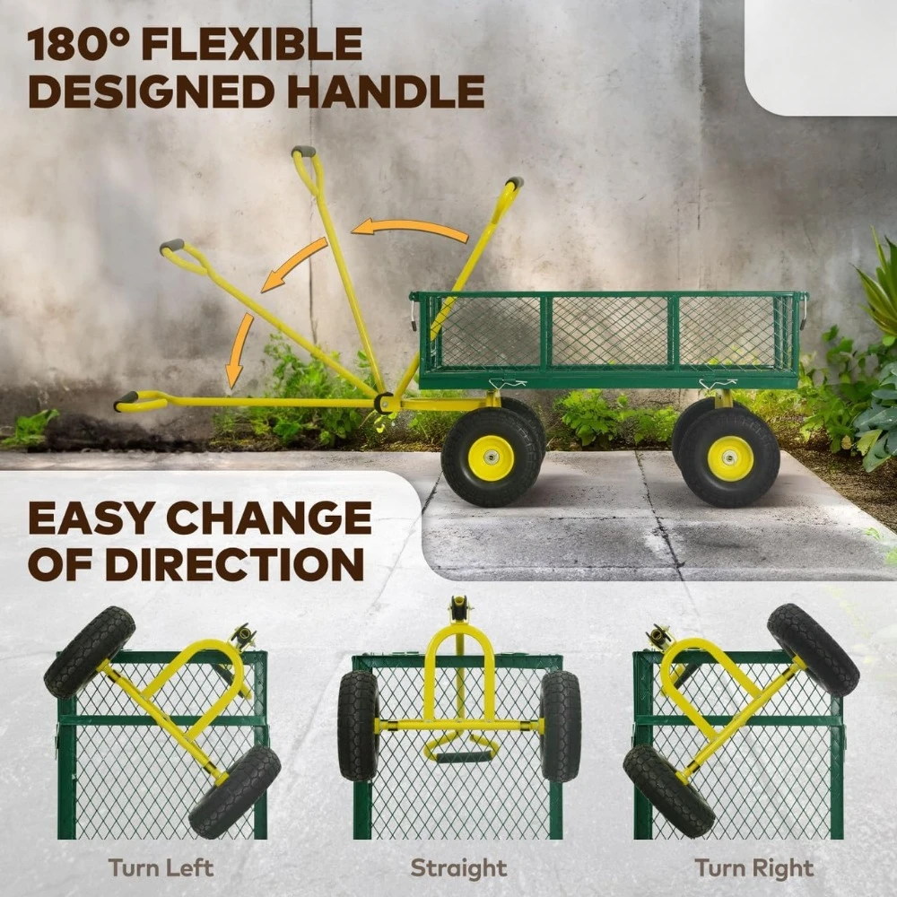Metal Black Garden Cart, w/ 180&deg; Adjustable Yellow Handle, w/Mat and Strap, Heavy Duty 880 lbs Capacity, w/ 10&rdquo; Flat-Free Tires