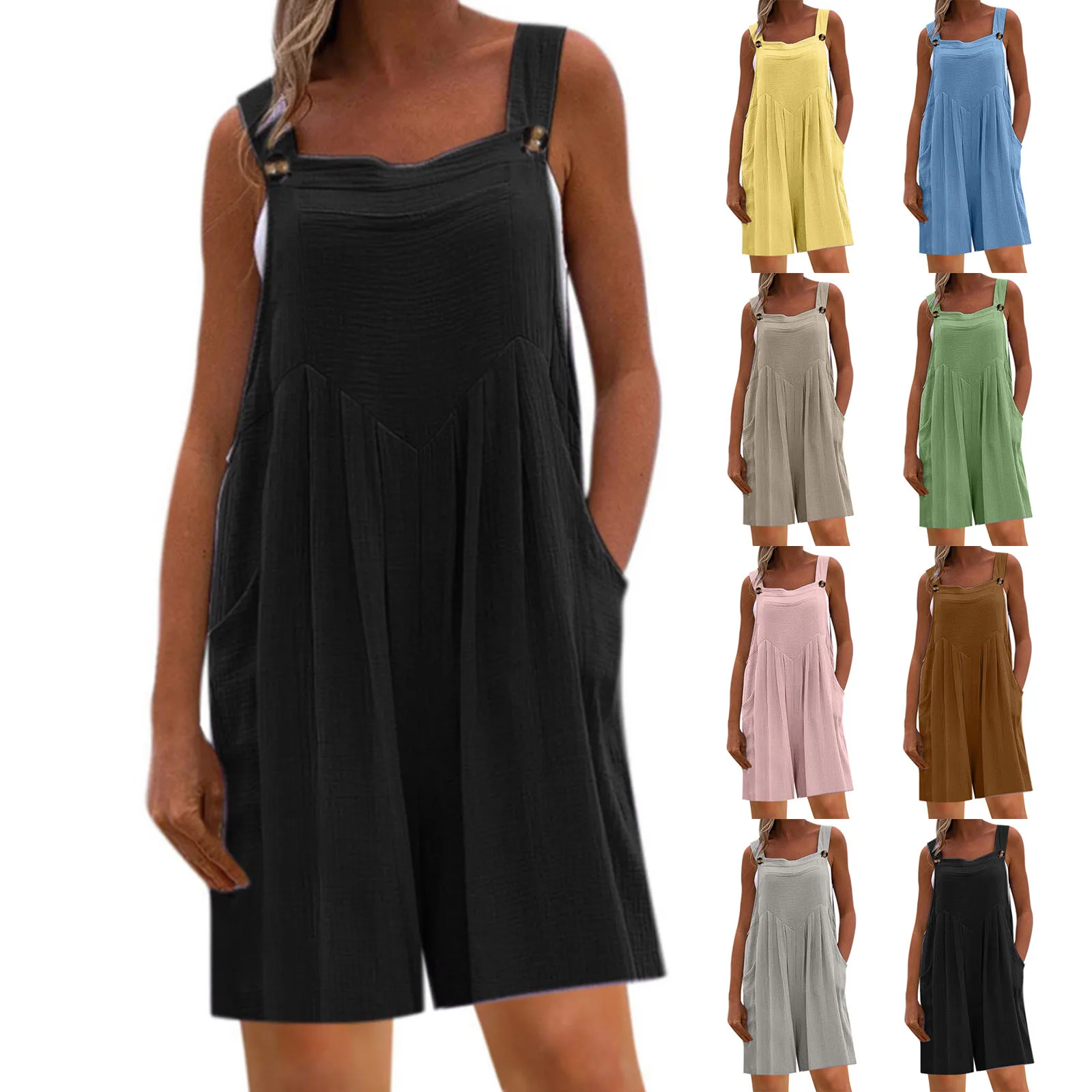 women v neck jumpsuit thick straps overalls button front pockets wide leg playsuit loose oversized sleeveless rompers with belt Womens Overalls Casual Loose Sleeveless Adjustable Straps Wide Leg Jumpsuit With 3 Pockets