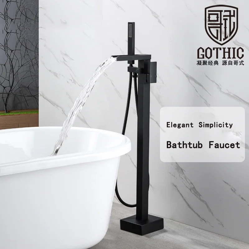 

Black Freestanding Tub Filler Waterfall Bathtub Faucet Gold Floor Mounted Brass Single Handle Bathroom Faucets with Hand Shower