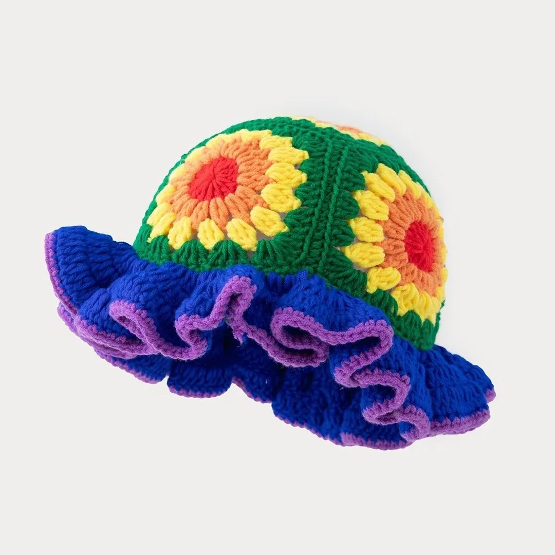 Men's and women's colorful hand crocheted knitted hats with wavy edges and floral patterns,woolen hats suitable for keeping warm - 6