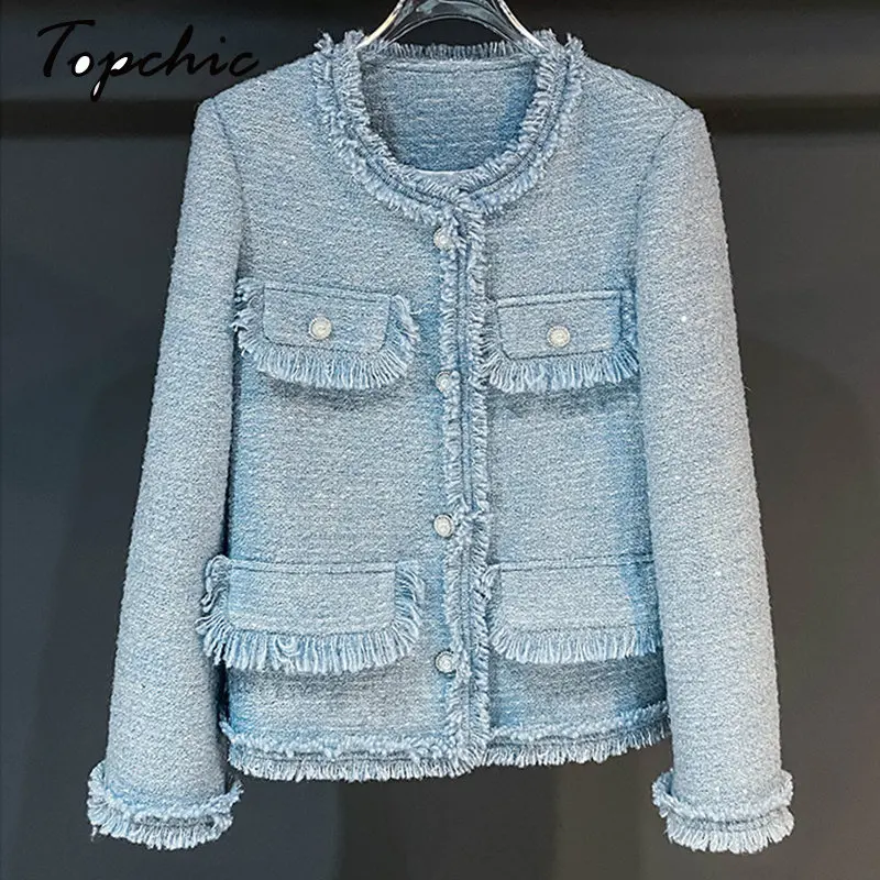 

57% Wool & Blends Coats 2023 Autumn Winter Elegant Tassel O-neck Blue Tweed Jacket for Women Korean Fashion Outwears