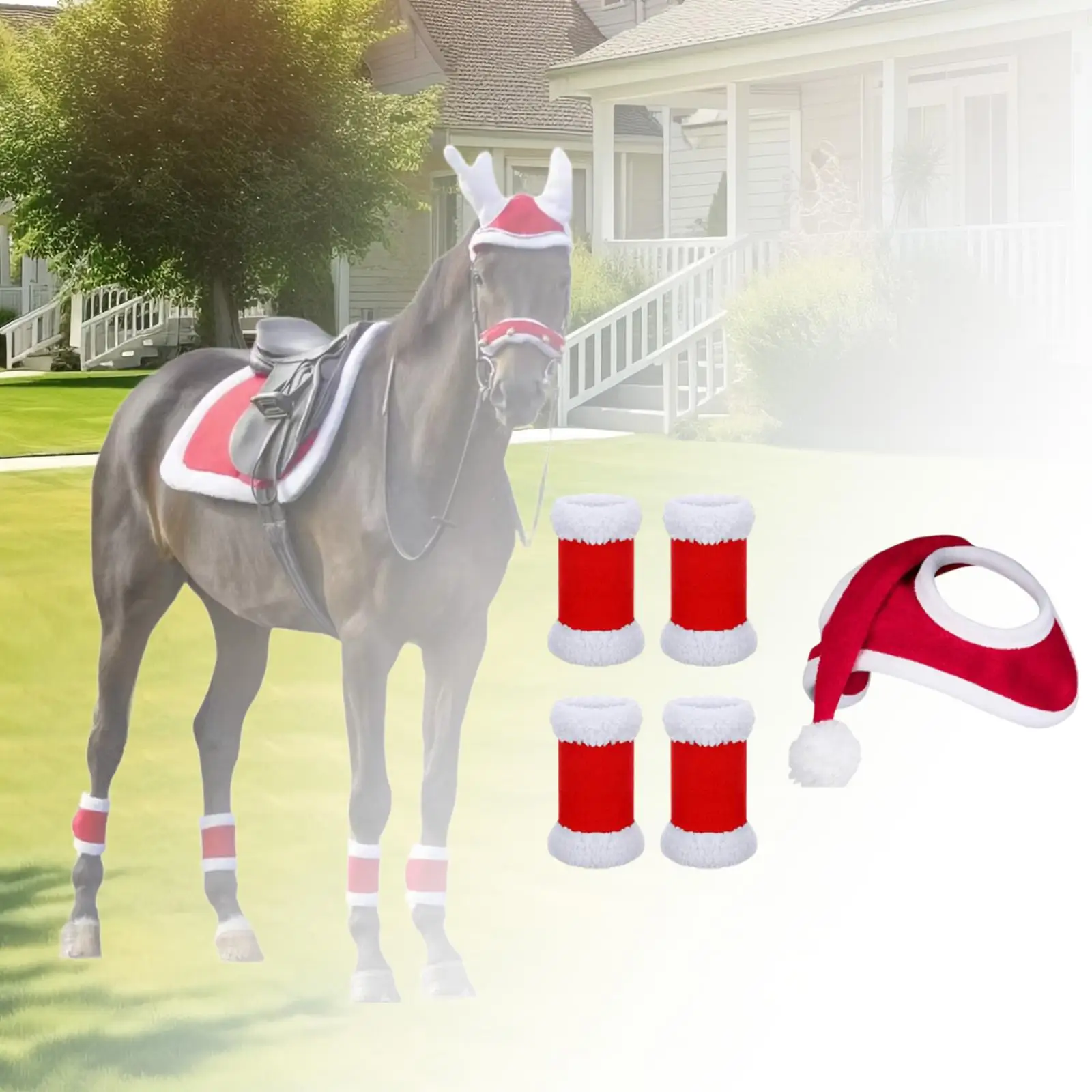 Horse Christmas Hat 4Pcs Horse Leg Wraps Thick Headwear Velvet Fly Leg Boots Wrap Leg Guard for Party Favors Parade Supplies 4