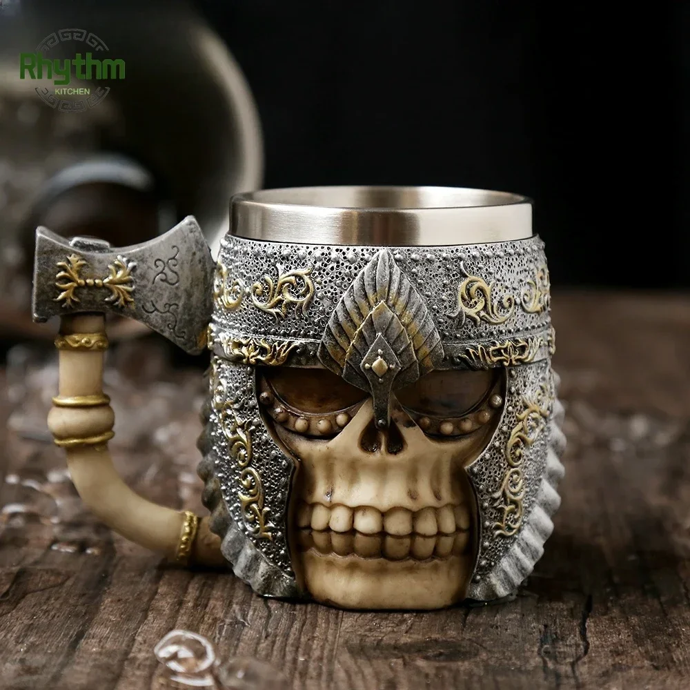Gobelet En Résine Tête De Mort - Tasse Double Paroi 18 Cm, Motif Crâne Médiéval, Pour Vin, Bière, Café - Déco Macabre