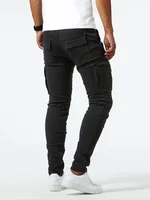 Pantalon de travail en denim pour hommes, délavé, couleur unie, multi-poches, décontracté, taille moyenne, coupe cintrée, vêtements quotidiens, pantalon de jogging 3