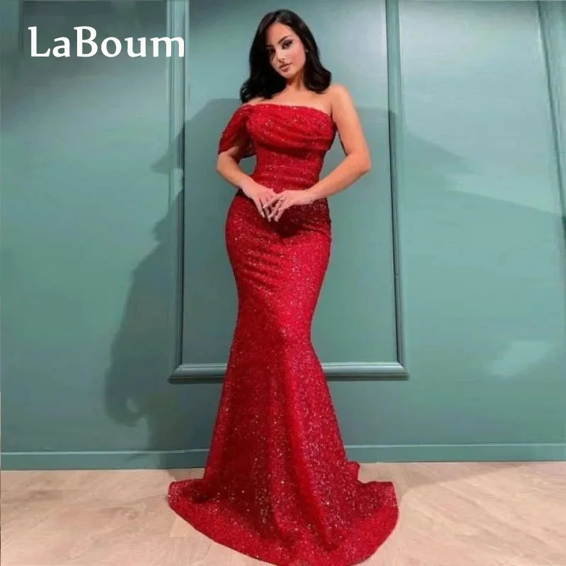 

LaBoum Glitter Prom Dresses for Women One Shoulder Sequined Mermaid Pleated Formal Cocktail Evening Party Gowns vestidos de gala