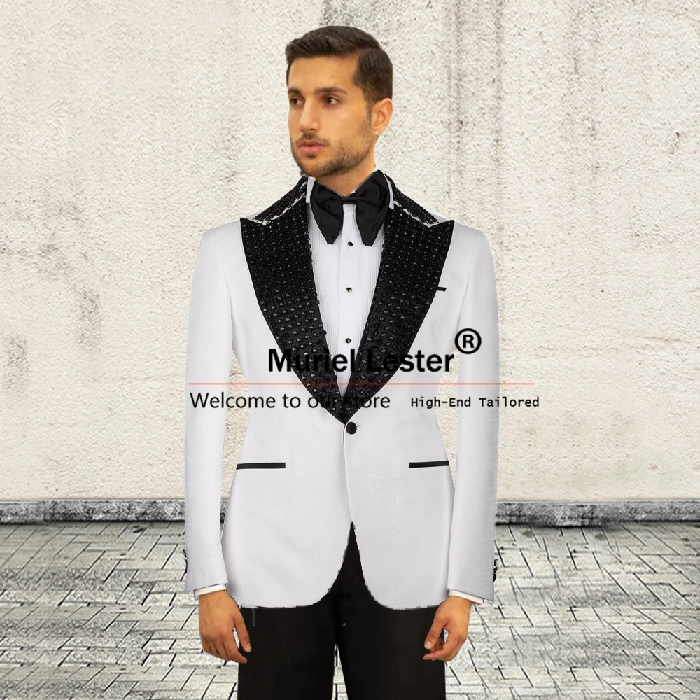 

Men's Pants Suits Slim Fit Handmade Black Pearls Beaded Lapel Prom Blazer Formal Party Groom Tuxedos Traje De Hombre Elegante