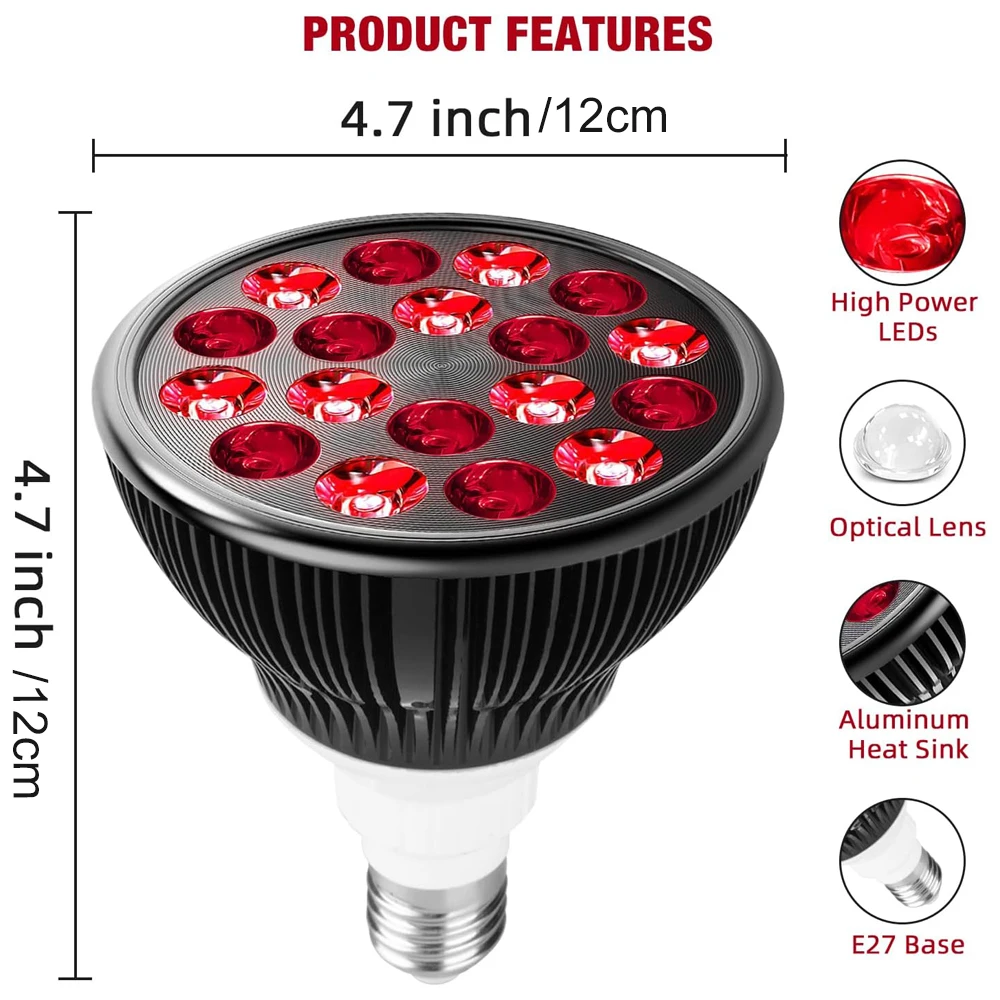 E27 54W Red&Infrared Light Lamp for Skin Care Beauty Recovery on Multiple Parts of The Body Reduce Fatigue 660nm&850nm Bulb