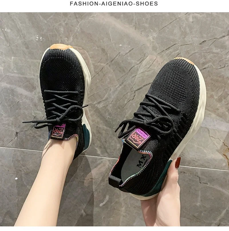 Luxury Brand Elastic Fabric Breathable Women Shoes Fashion Sneakers Lady Shoes Casual Lace-up Platform Sneakers Running Shoes