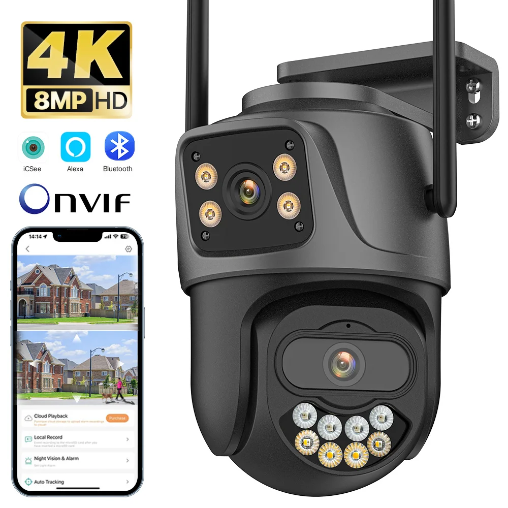 External Wifi PTZ Camera Dual Lens 4K 8MP HD Outdoor IP Camera 4MP Auto Tracking Security Protection CCTV Surveillance iCsee P2P 1