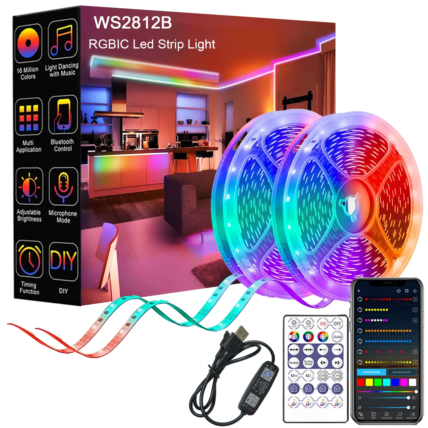 

LED Strip Light RGB Led Tape WS2812B RGBIC Bluetooth App Control Chasing Effect Lights Home Party Decoration TV Backlight