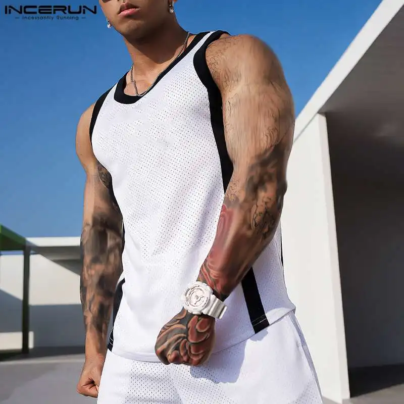 INCERUN 2023 Korean Style Mens Sets Sleeveless Tank Tops Shorts Handsome Men's Fashion Black&White Contrast Two Piece Sets S-5XL incerun 2023 korean style mens sets sleeveless tank tops shorts handsome men s fashion